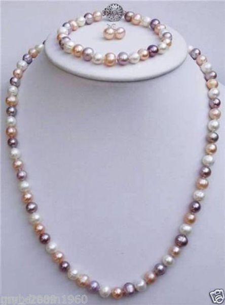 

natural 7-8mm white pink purple freshwater pearl necklace earring bracelet set, Black