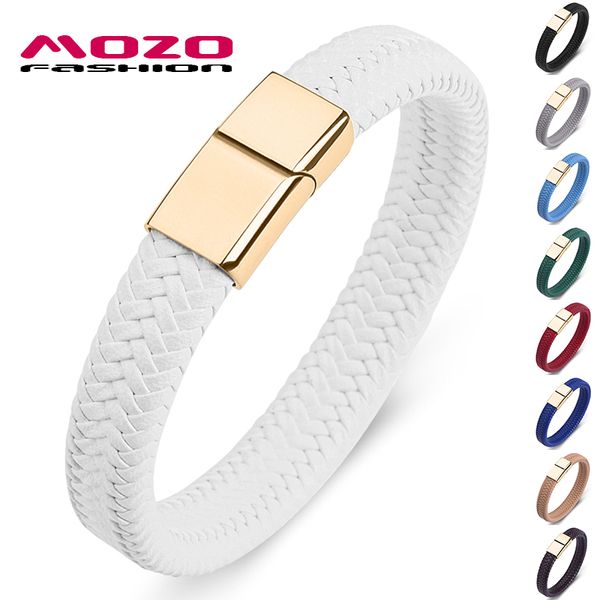 

fashion 2019 punk men jewelry white braided leather bracelet gold stainless steel magnetic clasp fashion women bangles 161, Golden;silver