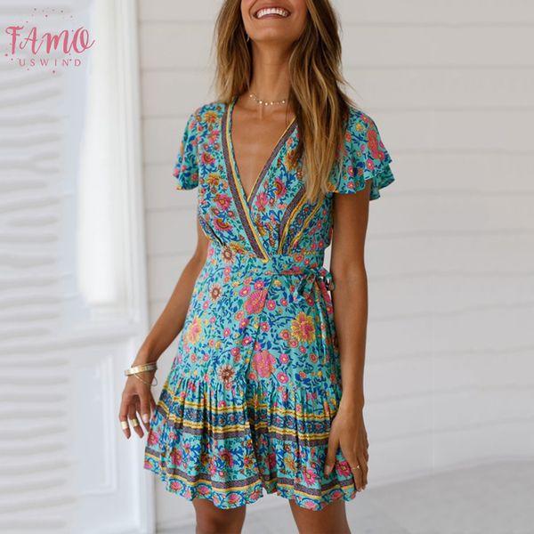 

shorts sleeve shift floral beach summer dresses 2019 fashion bohemian dresses ruffle v neck print bohemian women dress, Black;gray
