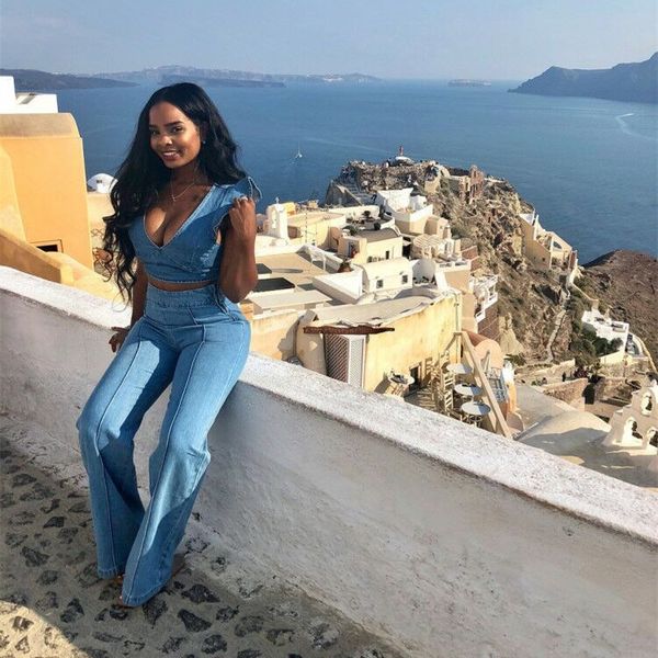 

2019 new deep v-neck jeans two piece set crop and wide leg pants denim casual suits female solid outfits, White