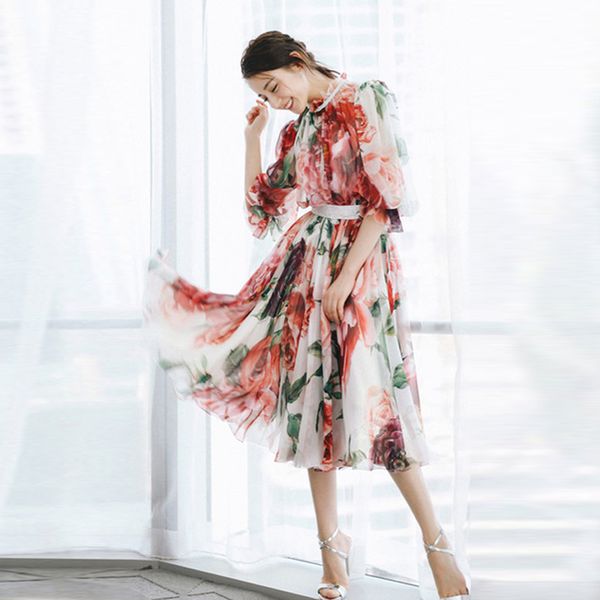 

fashion 2019 women's elegant half sleeve rose flowers prineted dress, Black;gray