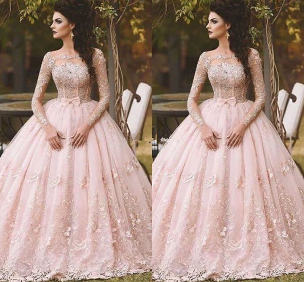 

arabic ball gown pink quinceanera dresses boat neck long sleeve lace sheer neck 2019 vintage sweet 16 girls debutantes prom gown canada 2019, Blue;red