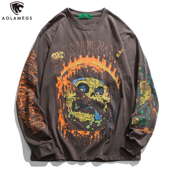 

aolamegs hip hop sweatshirt men skull printed pullover ukiyo-e casual high street long sleeve o-neck hoodies fashion streetwear, Black