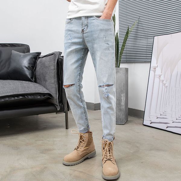 

2020 spring and summer new youth popular korean version of the solid color hole slim slim jeans fashion casual nine-point pants, Blue