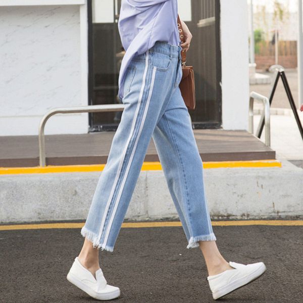 

lguc.h 7/8 jeans woman stripe cropped boyfriend jeans for women casual straight denim womens cute female trousers 2019 xxl, Blue
