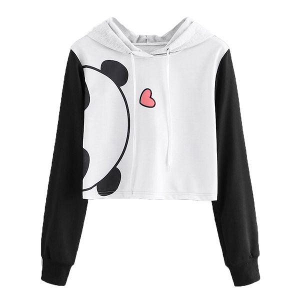 

women girl animal print long sleeve hooded crop blouse pullover sweatshirt panda head love cosas kawaii, Black