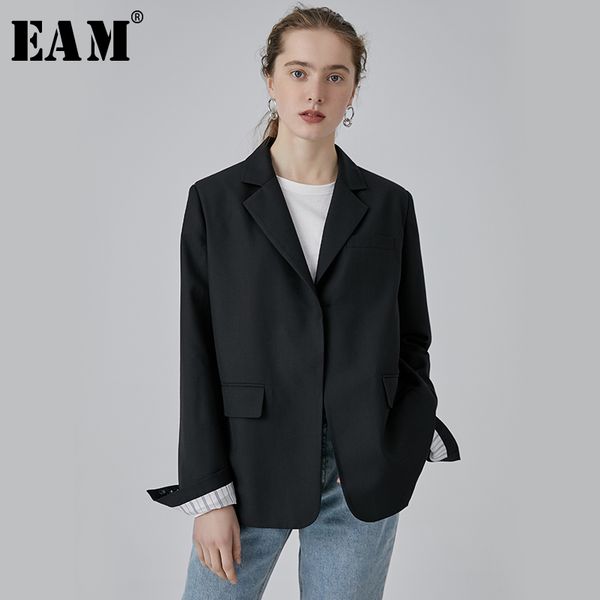 

eam] 2019 new spring summer lapel long sleeve single button split joint loose big size jacket women coat fashion tide jx157, Black;brown