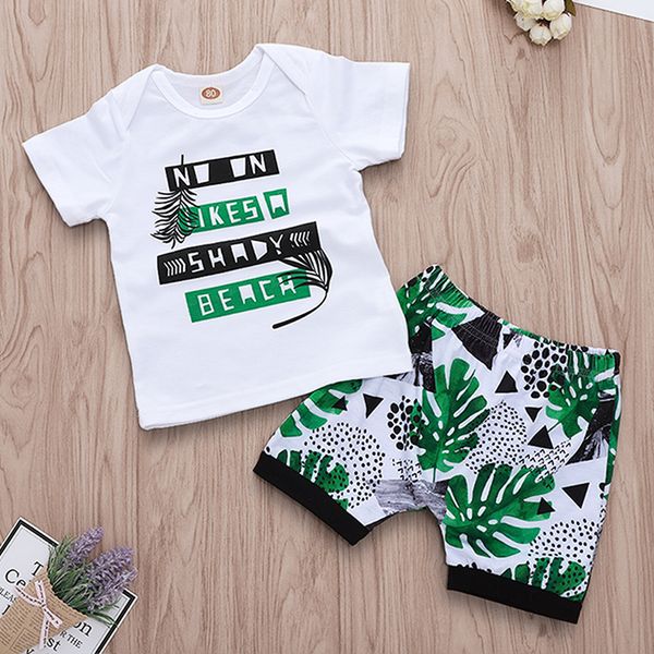 

summer beach vacation kids baby boy clothes set 2pcs boy letter print short sleeve cotton tshirt + tropical shorts pants outfits, White