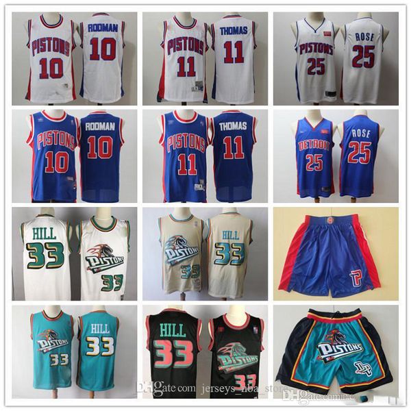 

mens detroit nba pistons throwback grant 33 hill isiah 11 thomas dennis 10 rodman derrick 25 rose shorts jerseys blue white, Black;red