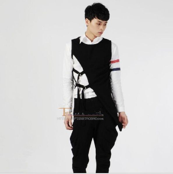 

2019 new korean version of the personality asymmetric cotton vest men's personality fashion buckle vest singer costumes, Black;white