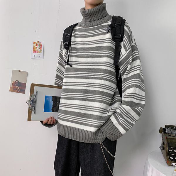

2019 winter new men's korean version of the youth loose round neck color matching stripes can not afford the ball casual sweater, White;black