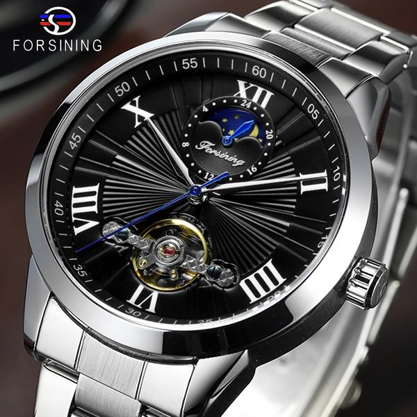 

forsining classic men mechanical watch fashion brand black moonphase business steel band automatic clock reloj hombre, Slivery;brown