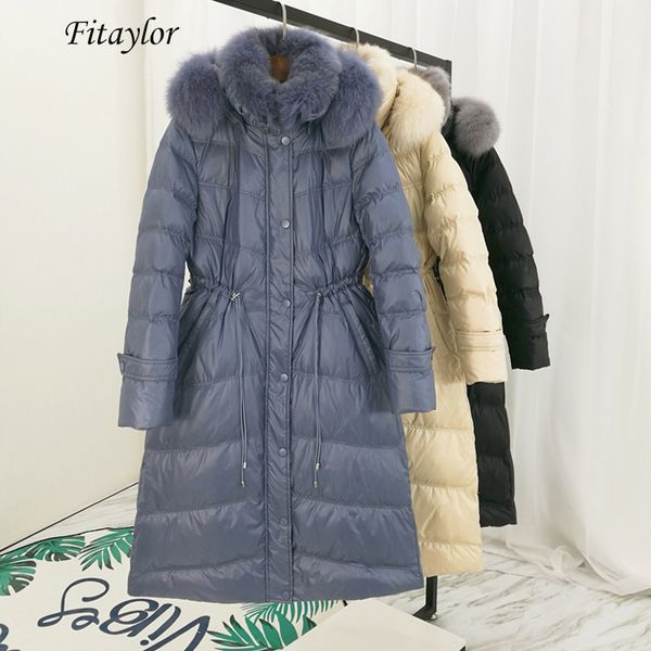 

fitaylor women winter white duck down parka large real fur collar hooded down jacket long coat korean style slim outerwear, Black