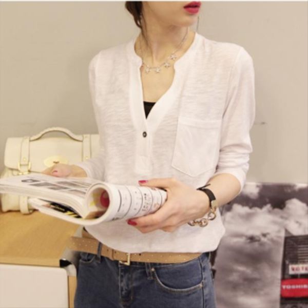 

2019 autumn women's loose midi v-neck long sleeve t-shirt solid color base shirt women 12122, White