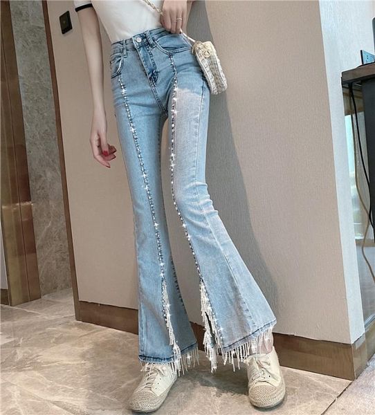 

women's jeans fashion spring and autumn heavy industry nail beads diamond pearl tassel flare cowboy wide leg pants, Blue