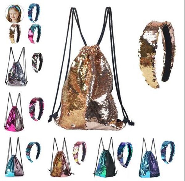 

designer-outdoor backpack drawstring bag +hair band sequins backpack sequin reversible sports shoulder travel bag rope pulling bag #cck4