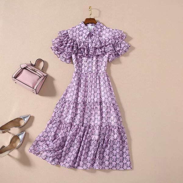 

european and american women's dress 2020 summer new styles short sleeve lapel with purple print flounces fashionable dress, Black;gray