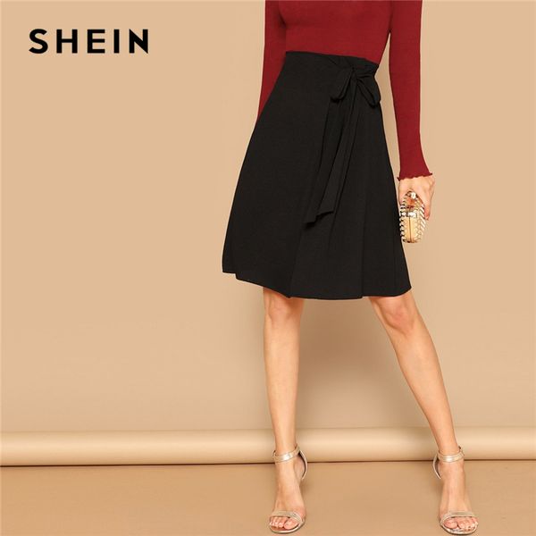 

shein black knot side solid high waist a line knee-length skirt women office lady spring 2019 summer elegant workwear skirts, Black;gray