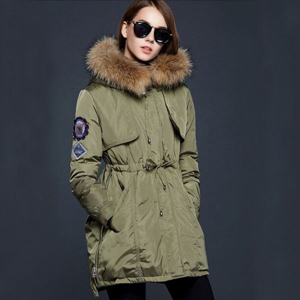 

large real natural raccoon fur 2020 winter jacket women warm woman parks 90% white duck down jacket winter coats, Black