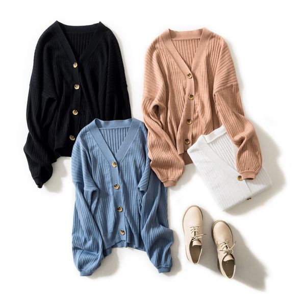 

new women's cashmere sweater wool v-neck cardigan autumn winter sweater cardigan long sleeve coat women lantern sleeve, White