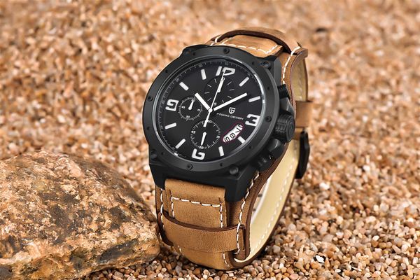 

pagani design brand unique design fashion watches men dive 100m sport leather wristwatches large dial quartz watch, Slivery;brown