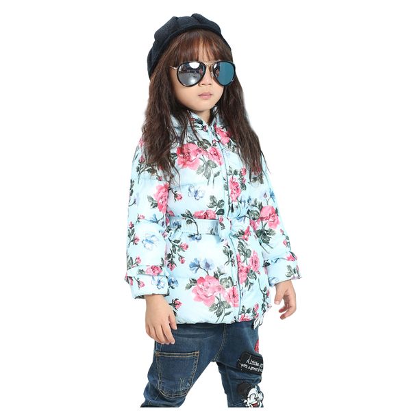 

autumn jacket for girls fashion print flower new children trench coat belt bow girls outerwear warm kids jacket spring(sky, Blue;gray