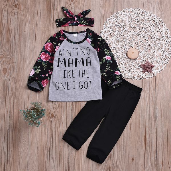 

girl kids clothes set long-sleeved flower-lettered black trousers+bow headband 3 pieces sets kids designer clothes girls zjy604, White