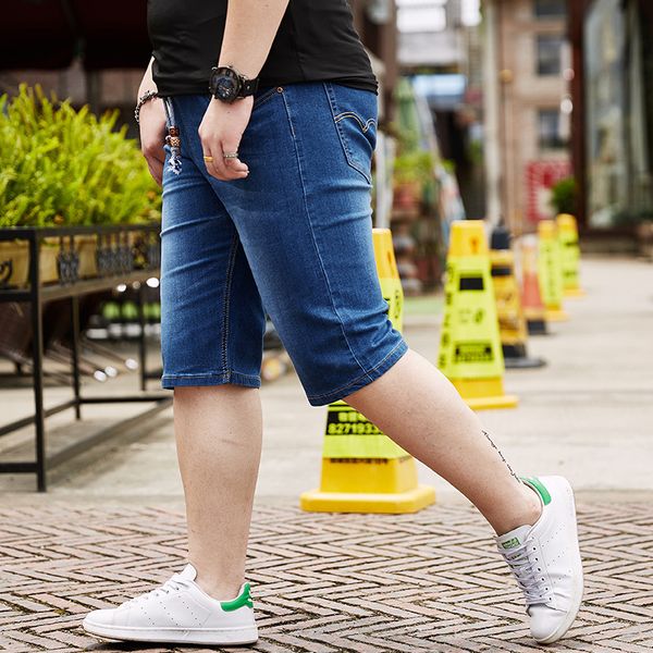 

summer large size shorts men's elastic denim shorts loose-fit slimming trend fat capri pants 090, Blue