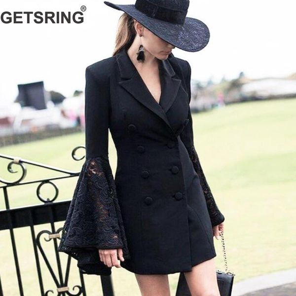 

getsring women blazer flare sleeve double breasted blazer women long jacket long sleeve slim thin spring jacket suit coat, White;black