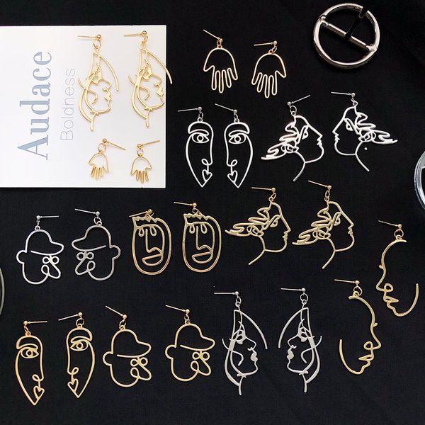 

punk human face drop earrings for women retro abstract hollow out statement hand metal fashion dangle earring jewelry, Silver