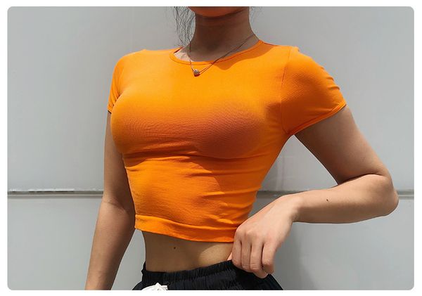 

plain slim fit workout sport t-shirt women quick dry o-neck training fitness crop stretchy solid gym running tee female, White;red