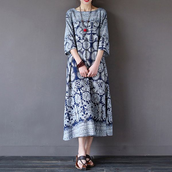 

осень женщин crew neck с длинным рукавом повседневная партия сыпучие кафтан длинные vestidos boho цветочные печати мундир платье, Black;gray