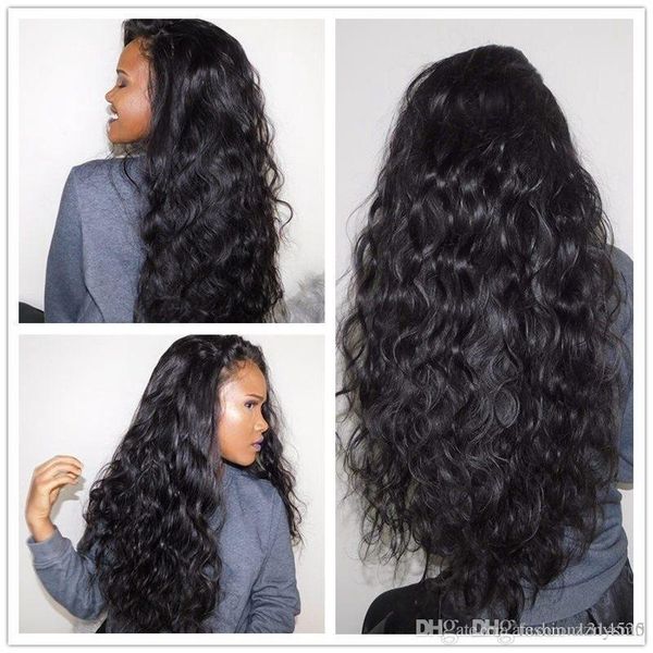 

мода длинные кудрявые фронта шнурка полный парик бразильский человеческих волос парик волна кукурузы дополнительные цвета, Black