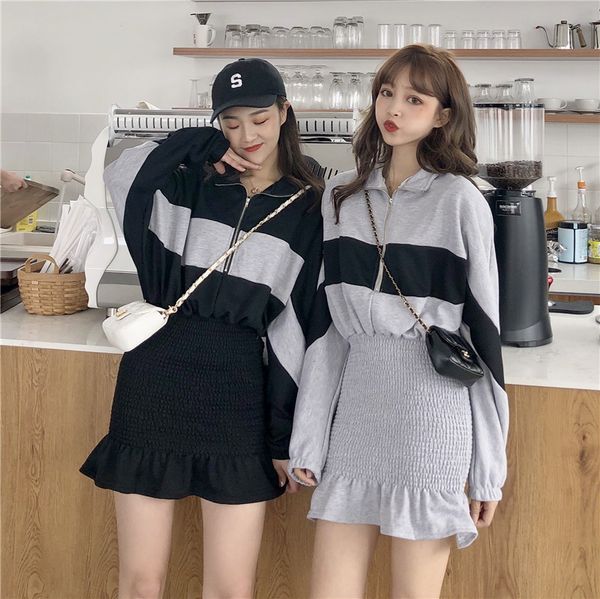 

womens skirt spring autumn block batwing solid color dress students casual fake two piece bodycon mermaid dress, Black