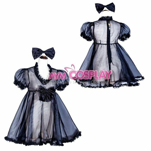 

nightdress lockable sissy boy maid organza transparent dress tailor-made, Black;red