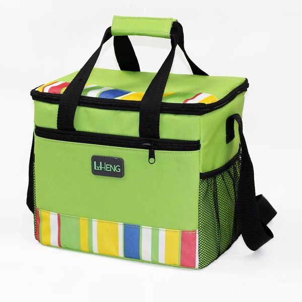 

24-can large capacity soft lunch cooler bag tote insulated green stripe outdoor picnic bag