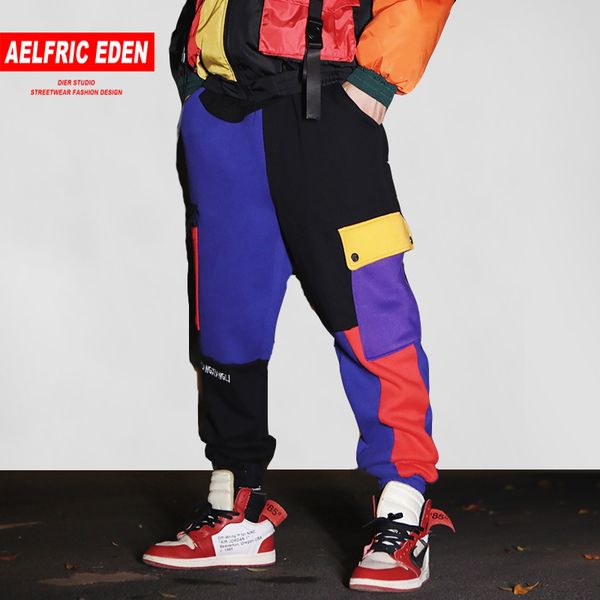 

aelfric eden color patchwork pockets harem jogger men streetwear fleece hip hop sweatpants 2018 winter warm casual pants msl02, Black