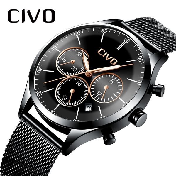 

civo sports watches men waterproof chronograph date watches for men stainless steel mesh sports quartz wristwatch gents, Slivery;brown