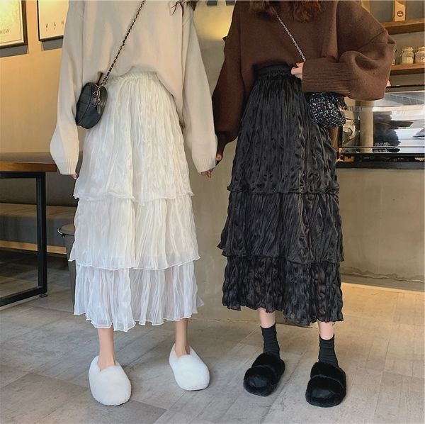 

новый шифоновый торт юбка бюст в юбке высокой талии фея длинная плиссированная юбка, Black