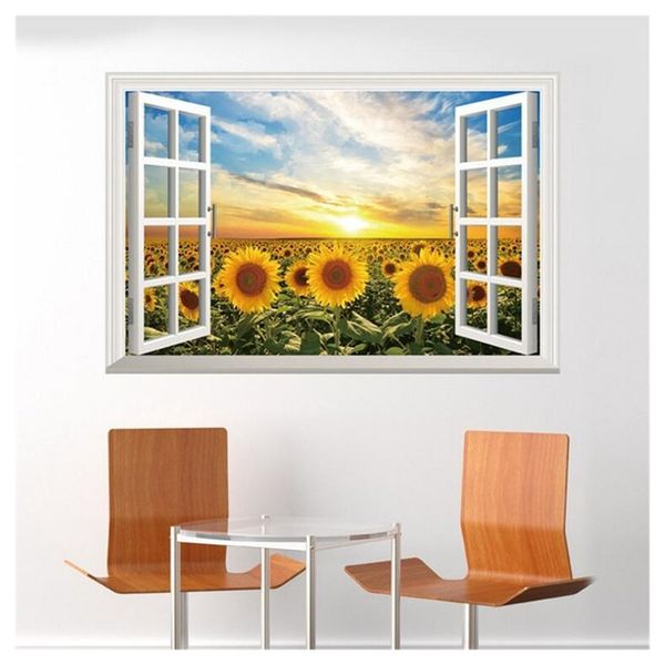 

3d подсолнечного поддельного windows, наклейка стены пейзаж поддельного окно наклейка на стены съемной стен декор для гостиной спальня (подс