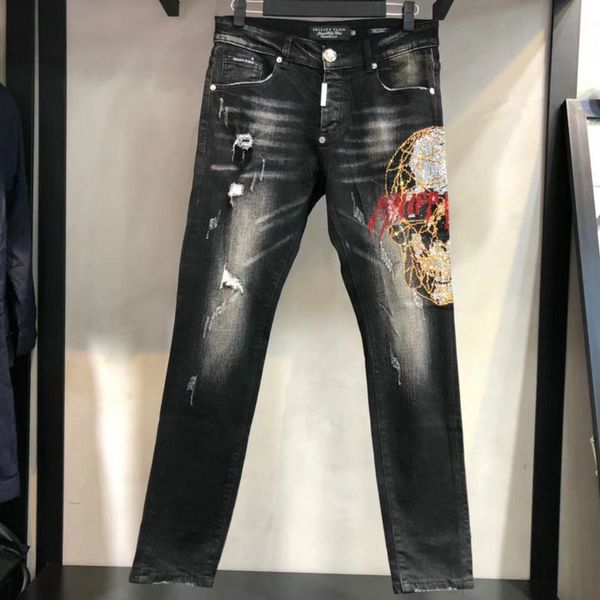 

2020 men's flower character 3d printed blue jeans fashion slim fit stretch pants