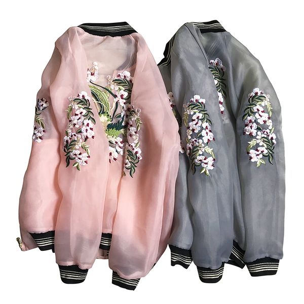 

organza flower embroidered baseball jackets women spring summer new sunscreen clothes short pilot jacket girls thin outwear, Black;brown