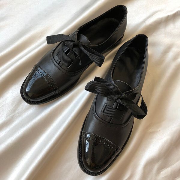 

brand design solid round toe men flats spring autumn leather women shoes fashion slip-on female flats with bowknot, Black