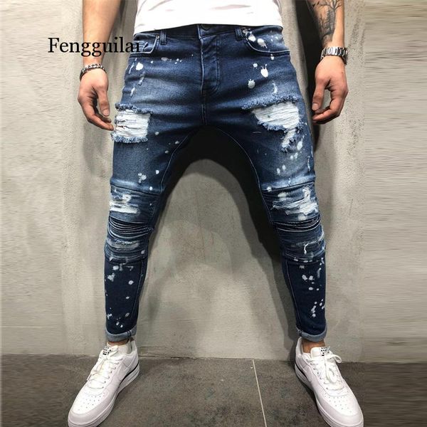 

men's painted skinny slim fit straight ripped distressed pleated knee patch denim pants stretch jeans, Blue