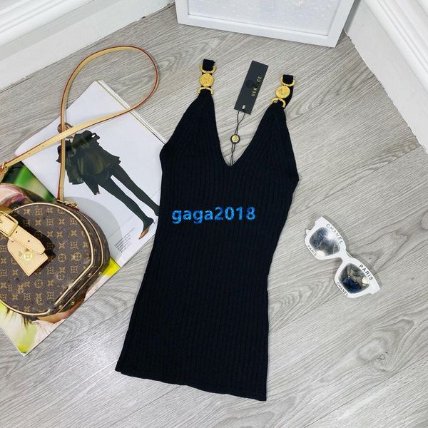 

high end women girls knit camis vest t-shirt with gold tone button striped sleevesless tee milano fashion design pullover luxury