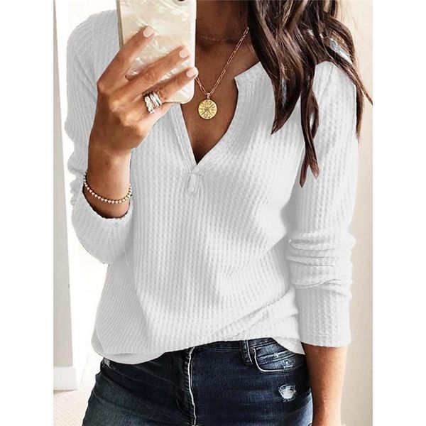 

long sleeve casual t shirt summer fashion loose womens designer female clothing solid v neck, White
