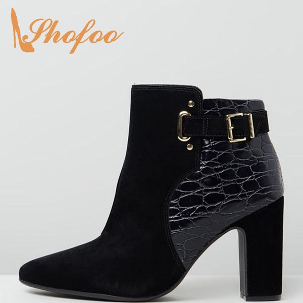 

ladies winter booties shoes patchwork snakeskin ankle boots woman high square heels zipper buckle large size 10 16 mature warm, Black