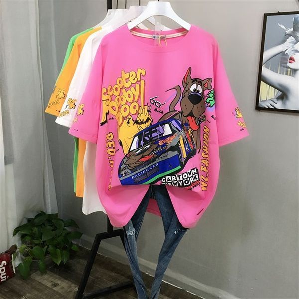 

cotton t-shirt large size t-shirt women's short sleeve loose cartoon printing slim bf harajuku style all-match summer, White