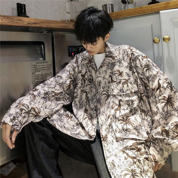 

Spring Animal Printing Long Sleeve Men Hawaiian White Shirts Pattern Streetwear Turn Down Collar Loose Tops