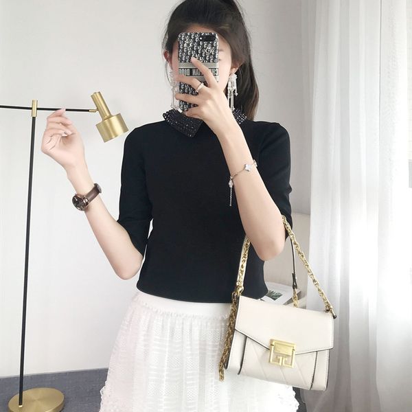 

women's black beaded knit sweater half sleeve turn-down collar lady knitwear pull, White;black